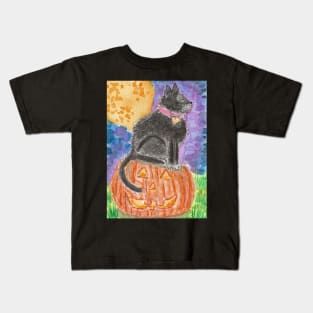 Black cat Halloween pumpkin art Kids T-Shirt